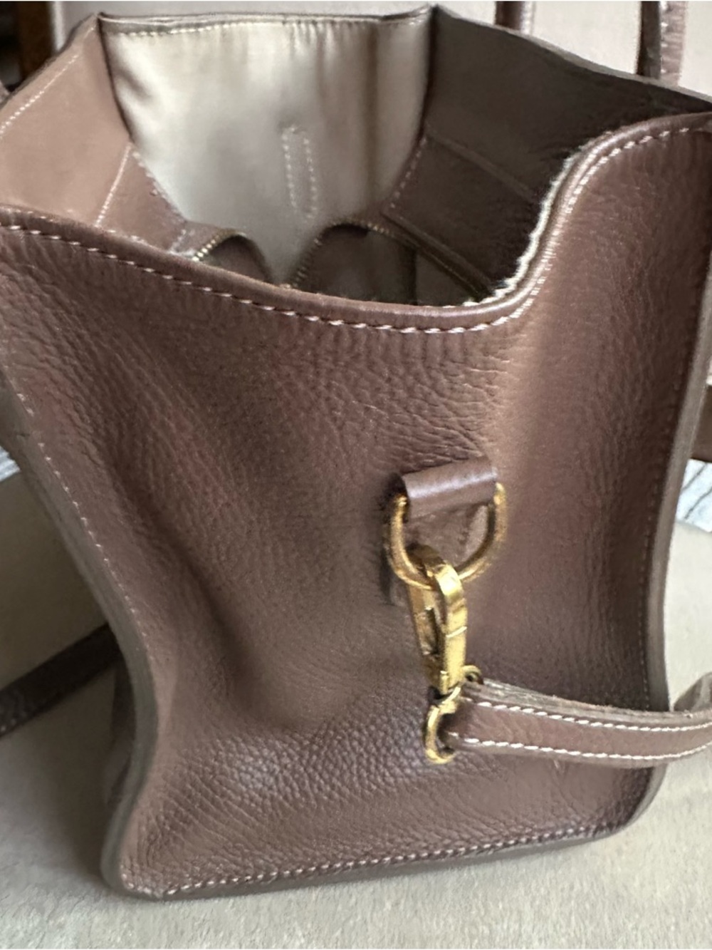 Genuine Leather Mini Satchel Taupe Brown | Crossbody Top Handle | Structured Bag - Picture 5 of 16